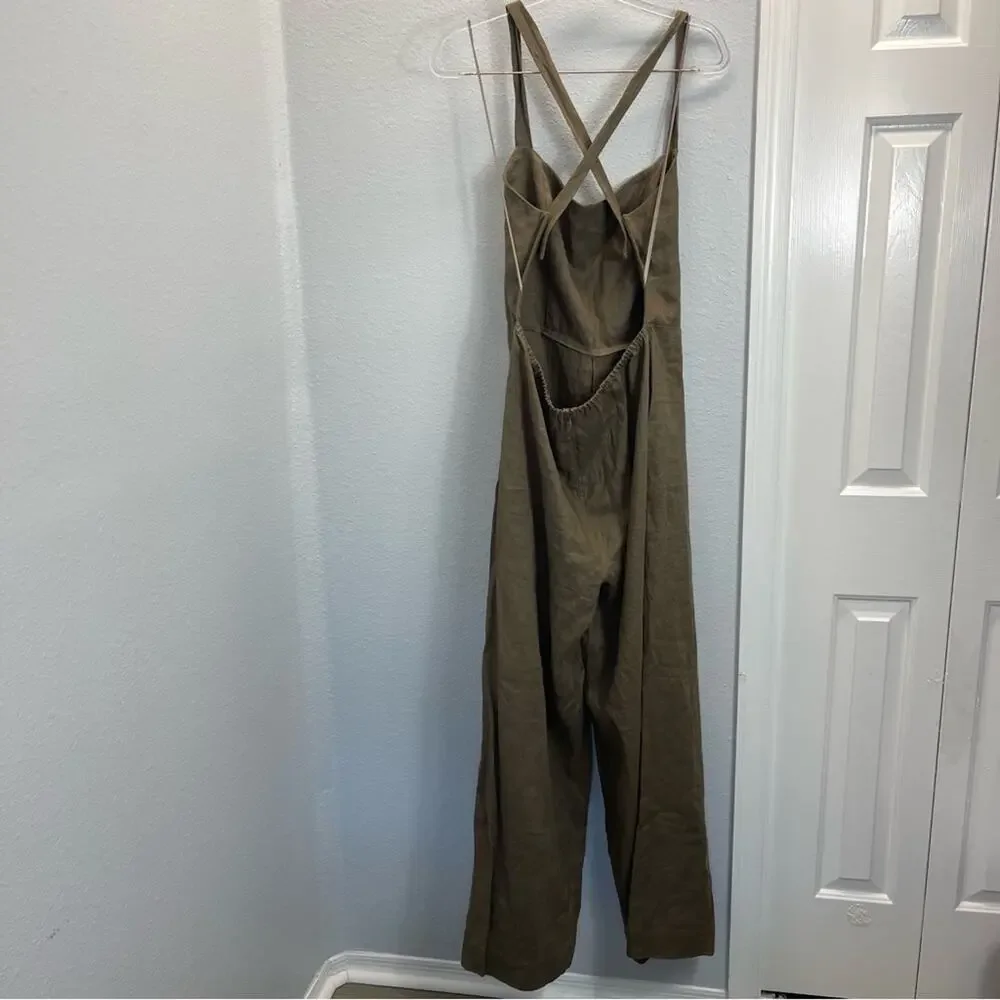Reformation Autumn Linen Jumpsuit Taupe Biball Open Back